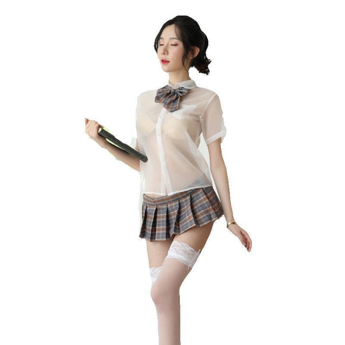 VenusFox Hot Womens Student Nightwear Uniform with Front Tie Plaid Mini Skirt Black Exotic Costumes Role Play Sexy School Girls Lingerie