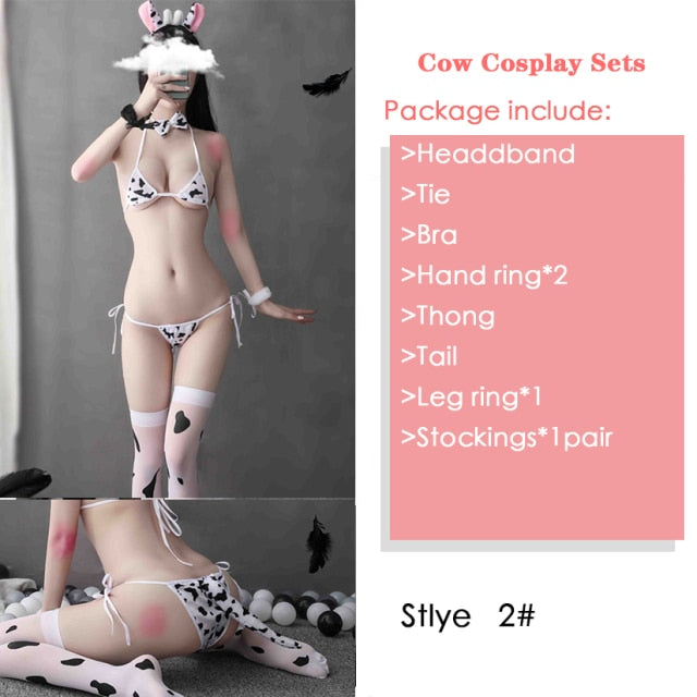 VenusFox New Cute Anime Maid Cow Print Lingerie Mini Bra G-string Apron Tail Headband Stockings Bikini Women Erotic Sexy Cosplay Costume