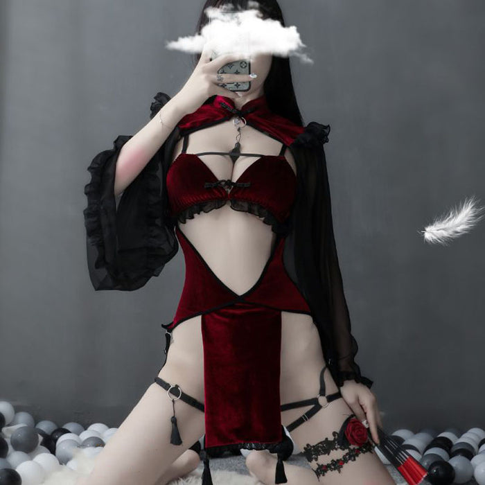VenusFox Punk Gothic Black Red Lace Sexy Lingerie for Women Maid Temptation Cute Evil Demon Cosplay Sleepwear Set Halloween Costumes