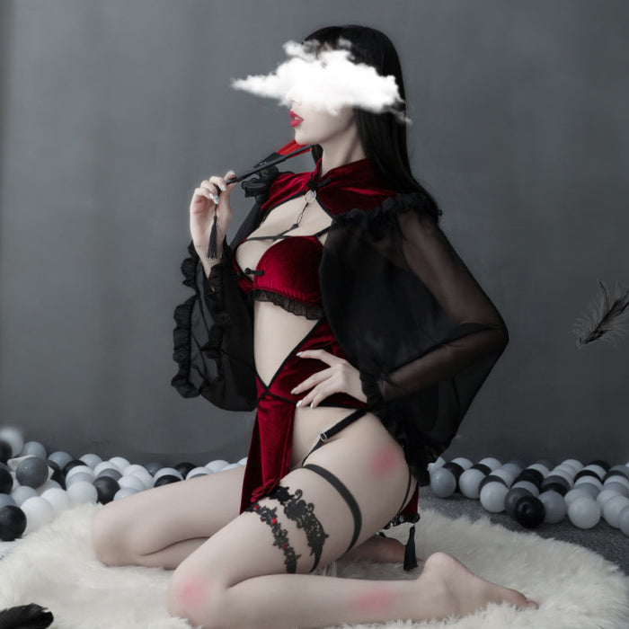 VenusFox Punk Gothic Black Red Lace Sexy Lingerie for Women Maid Temptation Cute Evil Demon Cosplay Sleepwear Set Halloween Costumes