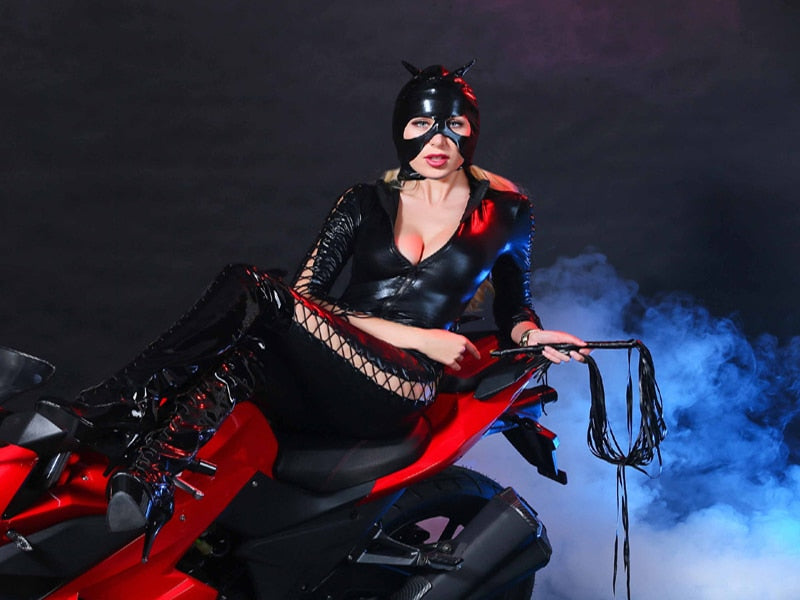 VenusFox Good Quality Women Hot Sexy Black Catwomen Catsuit Special Halloween Cosplay Costumes Wet Look Bondage Jumpsuit With Mask