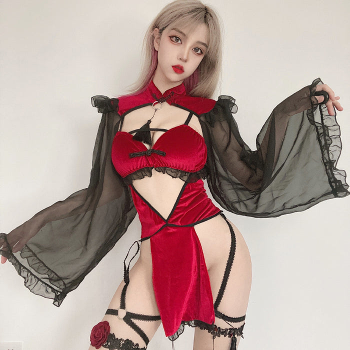 VenusFox Dark Witch Hollow Puff Sleeve Cheongsam Costumes Demon Game Dress Bandage Sexy Lingerie Uniform Halloween Costumes for Women