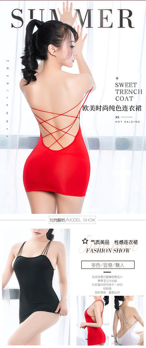 VenusFox Glossy High-Elastic See-Through Blouses Rope Cross Backless One Piece Sexy Wrapped Hip Mini Slip Dress Hot Sexy Nightclub Outfit