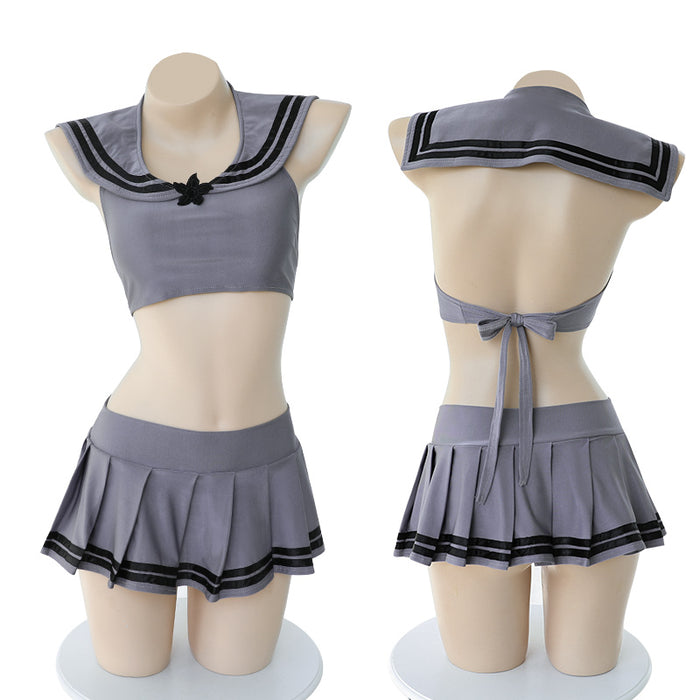 VenusFox Ladies Nightclub Sexy Uniforms Female Student Tight Navy Collar Short Tops Pleated Skirt Set Backless Cosplay Sexy Costumes