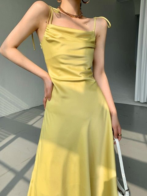 VenusFox Summer Yellow Elegant Women Spaghetti Strap Dress Solid Color Vintage Bandage Mixi Dress Party Female Vestidos