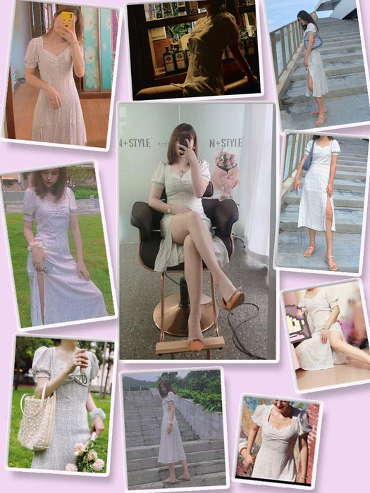 VenusFox French Chiffon Dress Women Puff Sleeve Point Print Vintage Retro Dress Office Lady Casual Summer Elegant Split Dress Women