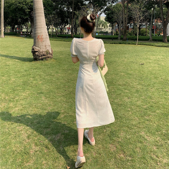 VenusFox French Chiffon Dress Women Puff Sleeve Point Print Vintage Retro Dress Office Lady Casual Summer Elegant Split Dress Women