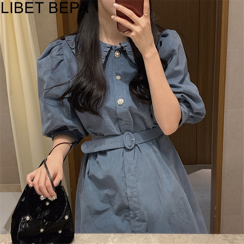 VenusFox New Women Spring Summer Shirt Dresses Fashionable Elegant High Waist Vintage Korean Puff Sleeve With Belt Mini Dress