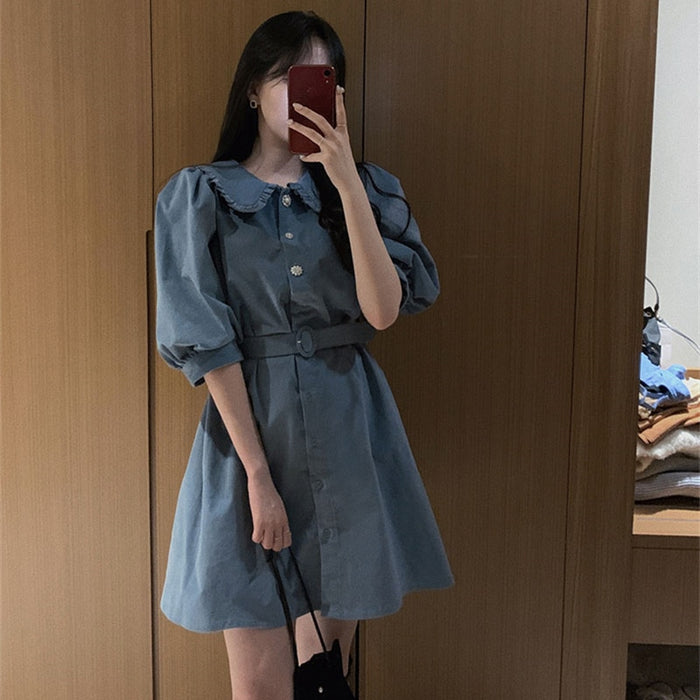 VenusFox New Women Spring Summer Shirt Dresses Fashionable Elegant High Waist Vintage Korean Puff Sleeve With Belt Mini Dress