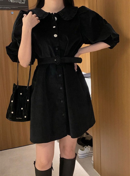 VenusFox New Women Spring Summer Shirt Dresses Fashionable Elegant High Waist Vintage Korean Puff Sleeve With Belt Mini Dress