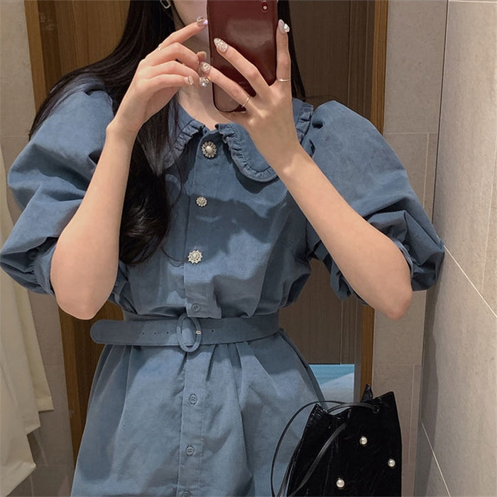 VenusFox New Women Spring Summer Shirt Dresses Fashionable Elegant High Waist Vintage Korean Puff Sleeve With Belt Mini Dress