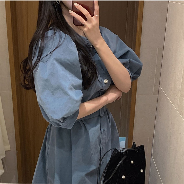 VenusFox New Women Spring Summer Shirt Dresses Fashionable Elegant High Waist Vintage Korean Puff Sleeve With Belt Mini Dress