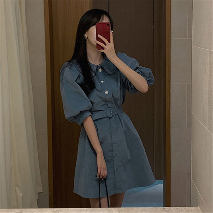 VenusFox New Women Spring Summer Shirt Dresses Fashionable Elegant High Waist Vintage Korean Puff Sleeve With Belt Mini Dress