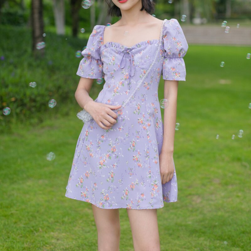 VenusFox Floral Dress Woman Purple Elegant Short Dress Summer Sexy Fashion Vintage Sweet Fairy Puff Sleeve Holiday Sundress