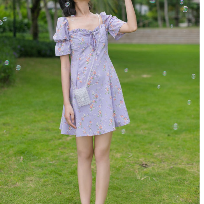 VenusFox Floral Dress Woman Purple Elegant Short Dress Summer Sexy Fashion Vintage Sweet Fairy Puff Sleeve Holiday Sundress