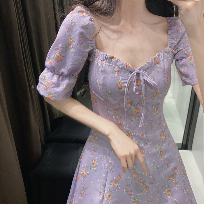 VenusFox Floral Dress Woman Purple Elegant Short Dress Summer Sexy Fashion Vintage Sweet Fairy Puff Sleeve Holiday Sundress