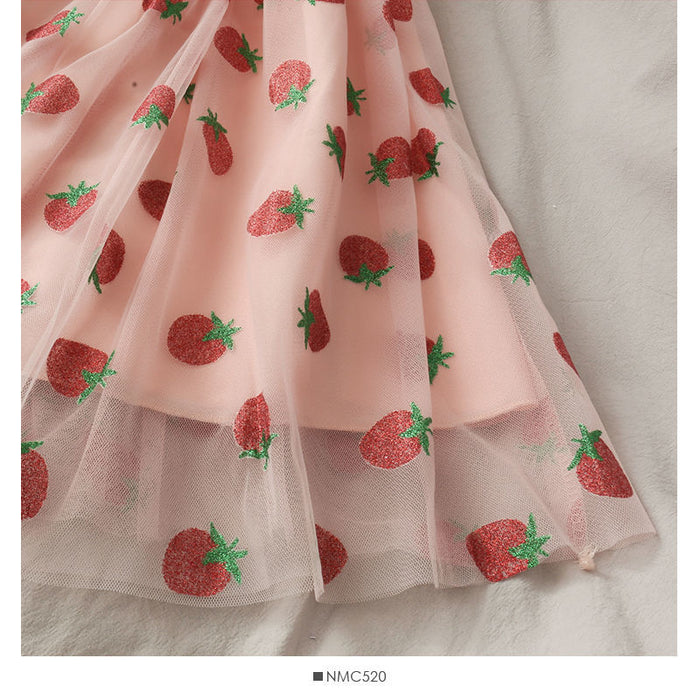 VenusFox Strawberry Dress Women French Style Lace Chiffon Sweet Dress Casual Puff Sleeve Elegant Printed Kawaii Dress Women