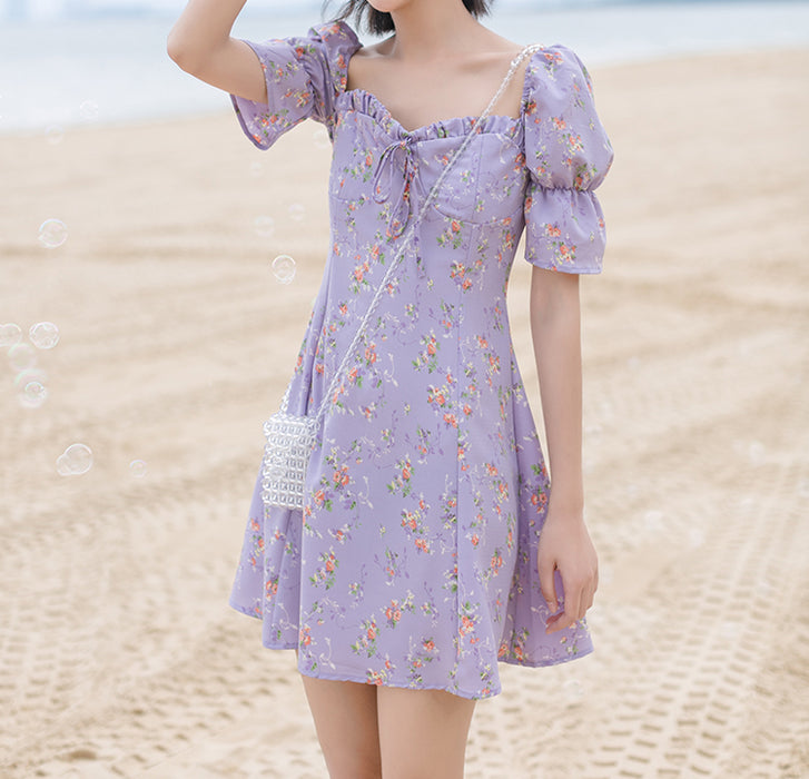 VenusFox Floral Dress Woman Purple Elegant Short Dress Summer Sexy Fashion Vintage Sweet Fairy Puff Sleeve Holiday Sundress