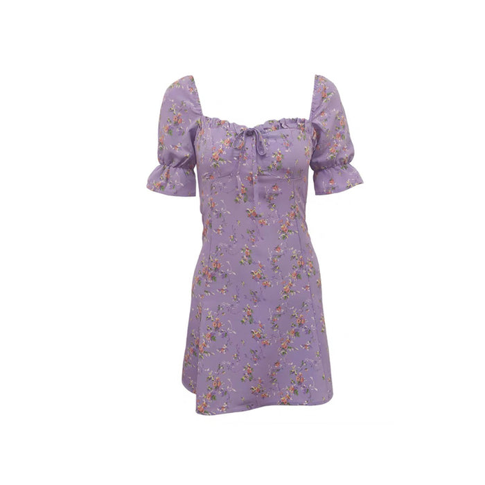 VenusFox Floral Dress Woman Purple Elegant Short Dress Summer Sexy Fashion Vintage Sweet Fairy Puff Sleeve Holiday Sundress