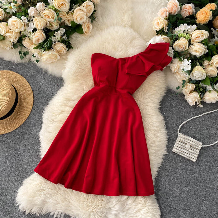 VenusFox New Summer Sexy Women One Shoulder Ruffled Mini Dress Elegant Ladies High Waist Slim Party Dress Female Bodycon Dress