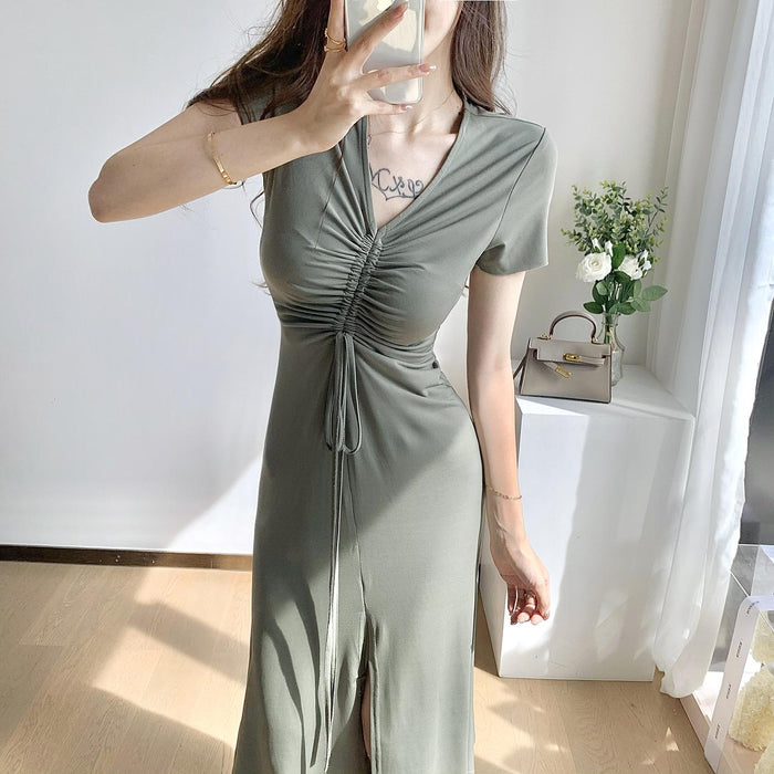 VenusFox Summer Elegant Women's Bodycon Dress Sexy V-neck Short Sleeve Drawstring Split Midi Dress Female Vestidos