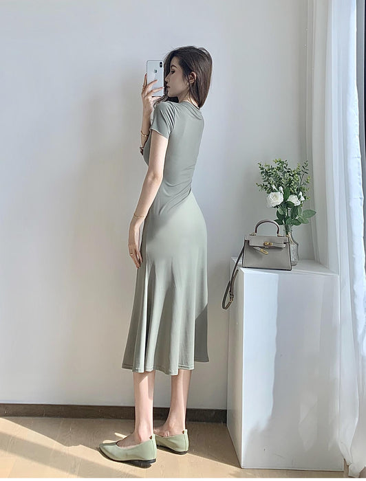 VenusFox Summer Elegant Women's Bodycon Dress Sexy V-neck Short Sleeve Drawstring Split Midi Dress Female Vestidos