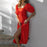 VenusFox Elegant Beach Split Dress for womens Retro solid Puff Sleeve Waist Mid-length Dress Summer V-Neck midi long boho dress