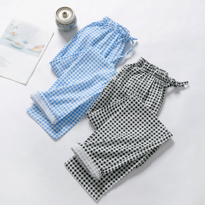 VenusFox Summer/Autumn Couples Plaid Pants Women/Men Sleepwear Cotton Double Gauze Thin Sleep Bottoms Casual Women's Pajamas Home Clothes