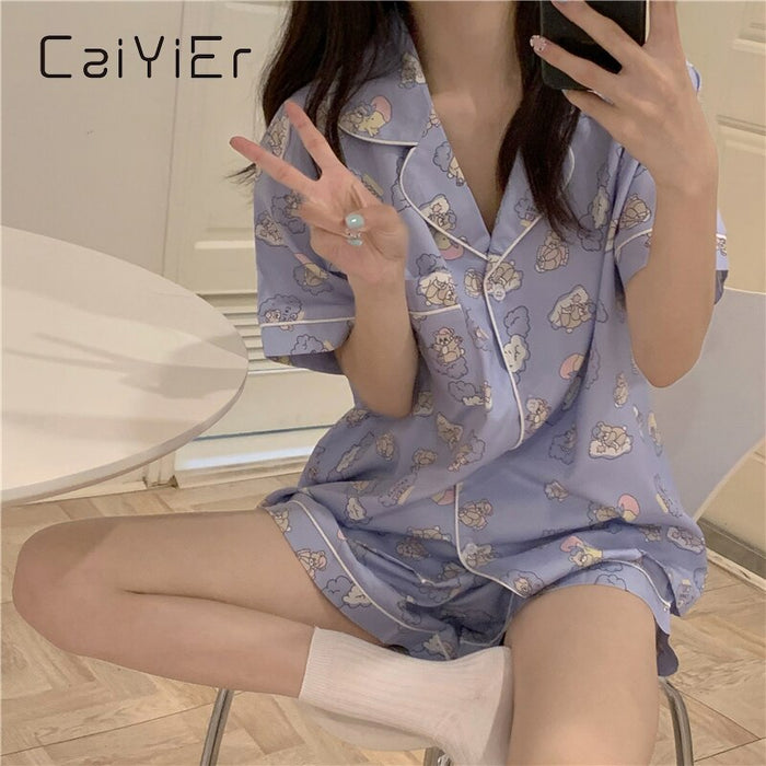 VenusFox Summer Ladies Cartoon Pajamas Set Cute Bear Print Sleepwear Short Sleeve Shorts Nightwear Sweet Girl Korea Home Cloths
