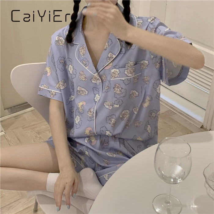 VenusFox Summer Ladies Cartoon Pajamas Set Cute Bear Print Sleepwear Short Sleeve Shorts Nightwear Sweet Girl Korea Home Cloths