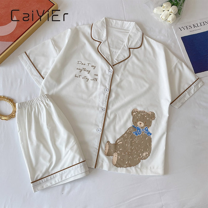 VenusFox Summer Lady Lovely Bear Print Sleepwear Lapel Short Sleeve Shorts Pajamas Set Korea Girl Casual Black White