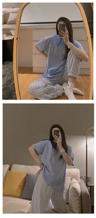 VenusFox Women's Pajamas Summer Night Home Suit Korean Style Solid Color Grid Sleepwear Nightwear Cute