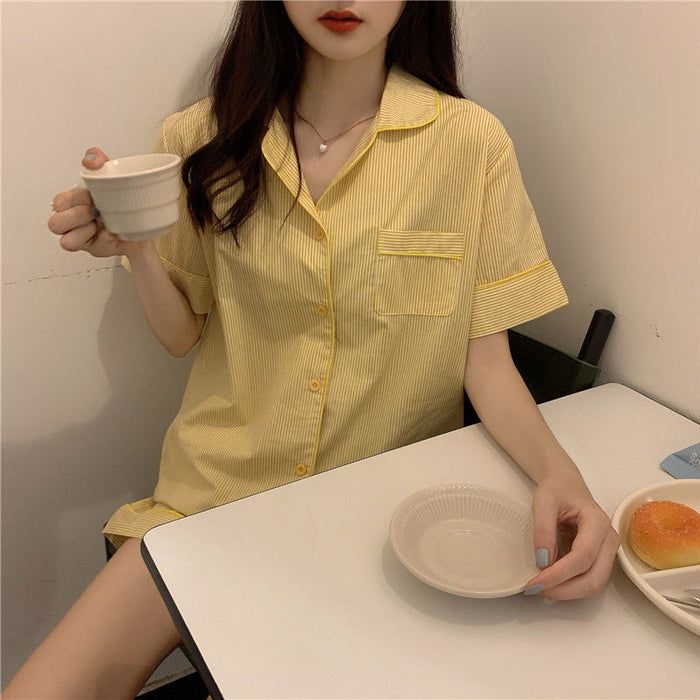 VenusFox Women Pajamas Summer Korean Sweet Sleepwear 2 Piece Striped Lapel Home Clothes Plus Size Loose Short Sleeve Sets