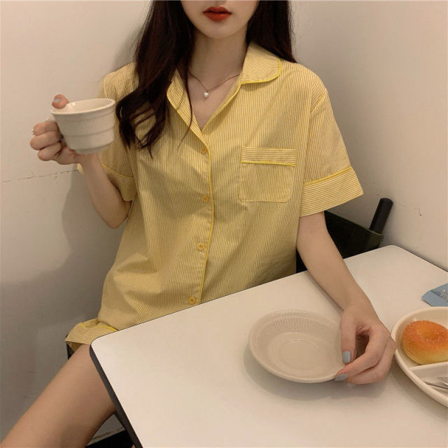 VenusFox Women Pajamas Summer Korean Sweet Sleepwear 2 Piece Striped Lapel Home Clothes Plus Size Loose Short Sleeve Sets