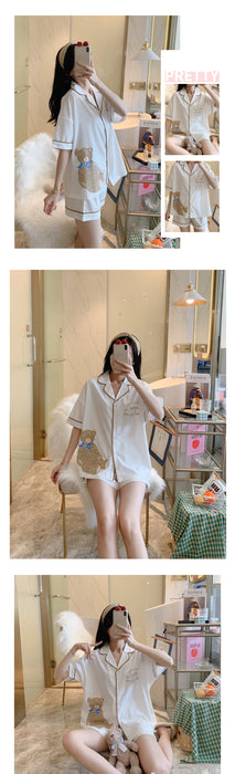 VenusFox Summer Lady Lovely Bear Print Sleepwear Lapel Short Sleeve Shorts Pajamas Set Korea Girl Casual Black White