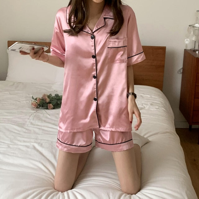 VenusFox Solid Color Women Silk Nightwear Turn-down Collar Short Sleeve Sleepwear Female Soft Lingerie Plus Size Pajamas Set