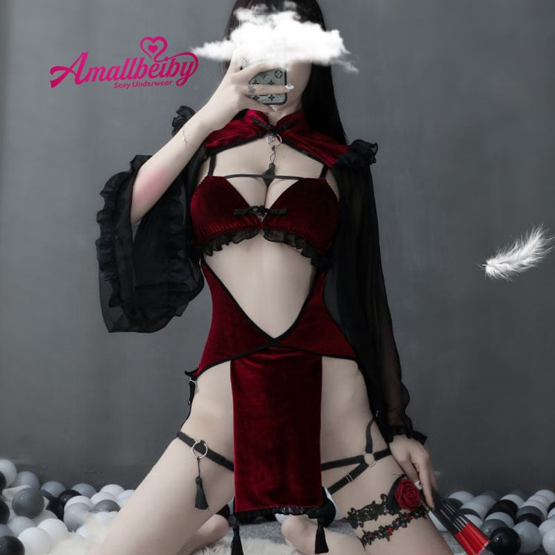 VenusFox Punk Gothic Witch Cosplay Anime Lace Velvet Sexy Lingerie for Women Maid Temptation Cute Evil Demon Backless Halloween Costumes