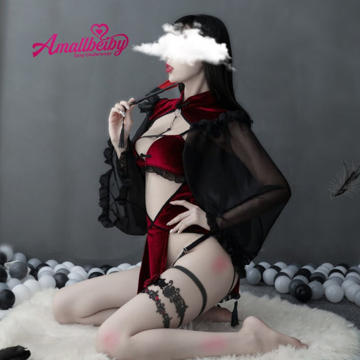 VenusFox Punk Gothic Witch Cosplay Anime Lace Velvet Sexy Lingerie for Women Maid Temptation Cute Evil Demon Backless Halloween Costumes