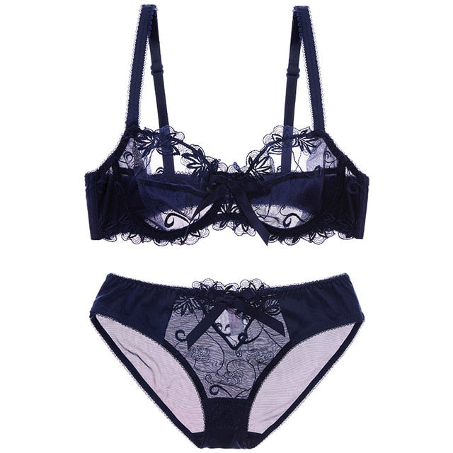 VenusFox Embroidery lace ultrathin bras underwear set plus size C D cup