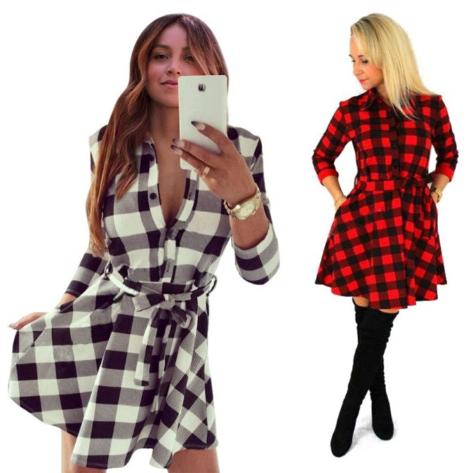 VenusFox Vintage Plaid Print Bodycon Shirt Dresses With Belt