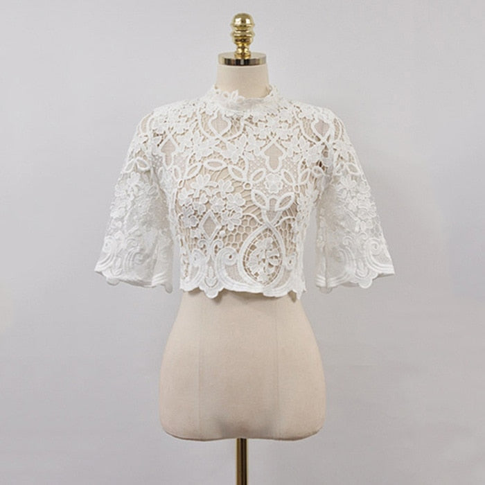 VenusFox Summer White Lace Shirt and Skirt 2 Piece Suit Set
