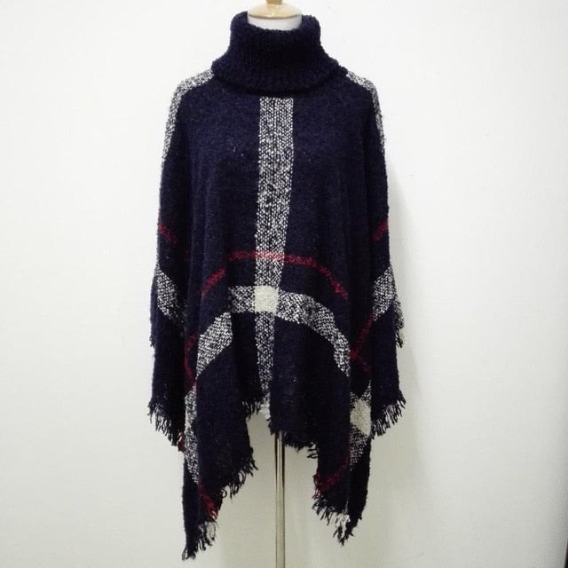 VenusFox Fashion Winter Wool Plaid Knitting Poncho 7 Colors