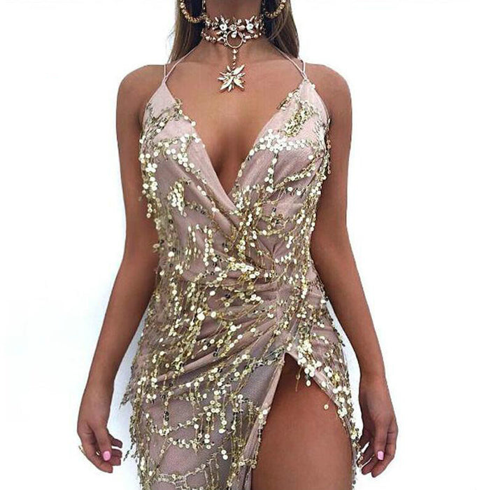 VenusFox sexy gold shiny sequin maxi dress