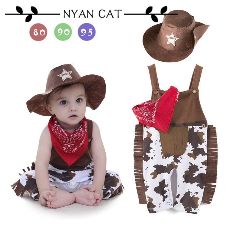 Toddler Cowboy Costume Baby Romper 3pcs Set Hat+Scarf+Romper