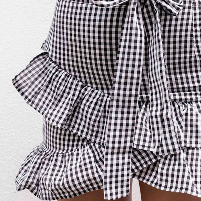 VenusFox Lace up plaid Ruffle high waist short skirt