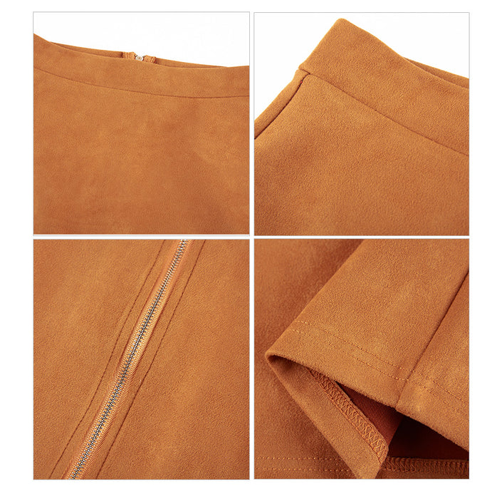 VenusFox Suede Leather Two-way Zipper High Waist Midi Skirt