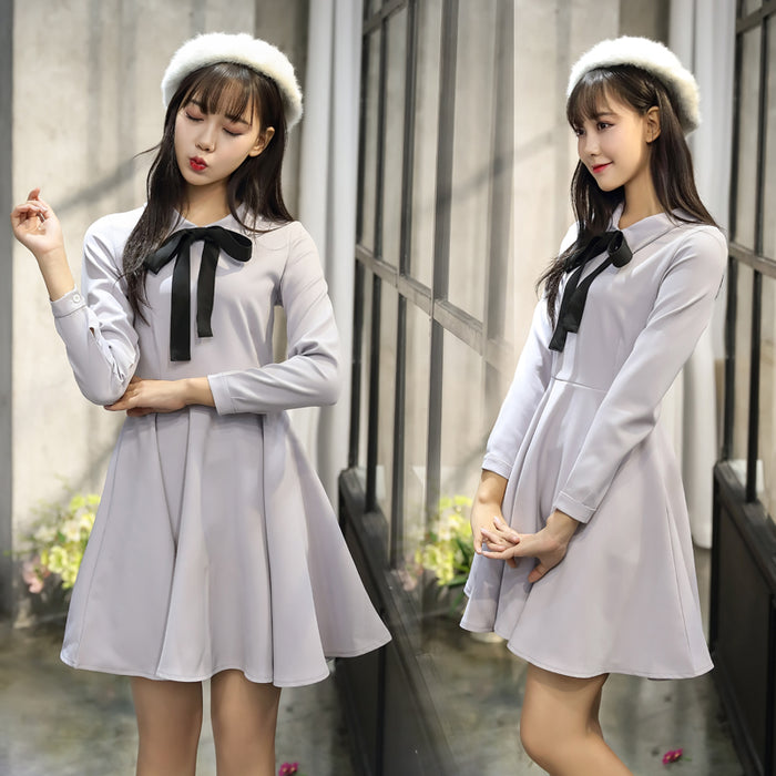 VenusFox Women Solid Color Cute Sweet Long Sleeve Bow Tie A Line Dresses