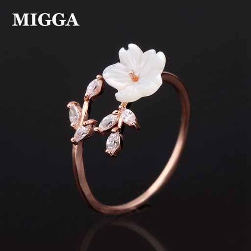 Delicate Zircon Crystal Leaf Shell Flower Ring