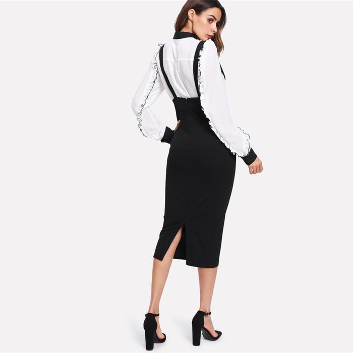 VenusFox Elegant Black Knee Length Midi Skirt With Strap