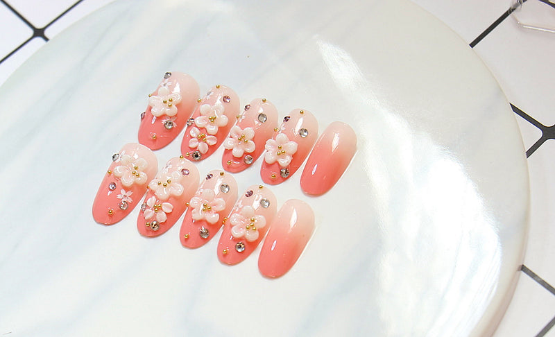24pcs Fashion Long Fake Nails Tips Oval Pink Japanese Kimono Cherry Style
